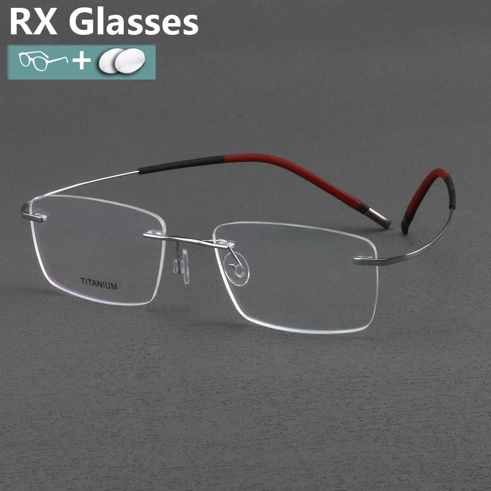 

RX Prescription Glasses Men Rimless Pure Titanium Anti Slip Rubber Tip Ultra light Eyeglass Frame Myopia Progressive Lenses