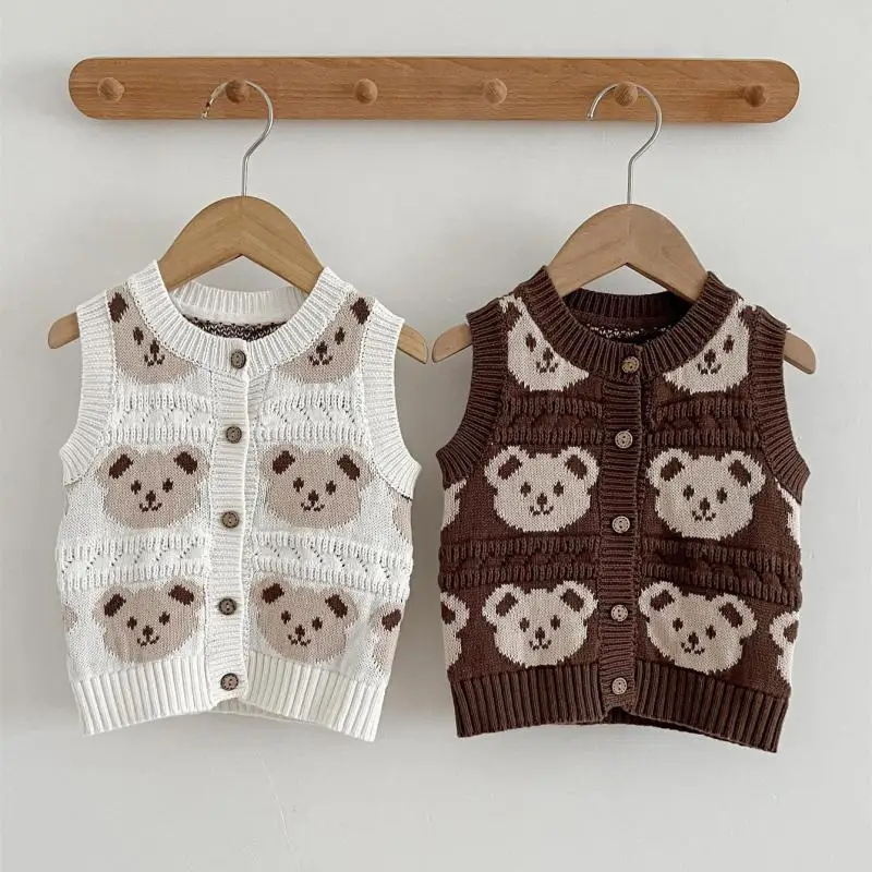 2026 Autumn New Baby Sleeveless Sweater Vest Boys Girls Casual Vest Coat Infant Cartoon Bear Knitted Cardigan Toddler Clothes