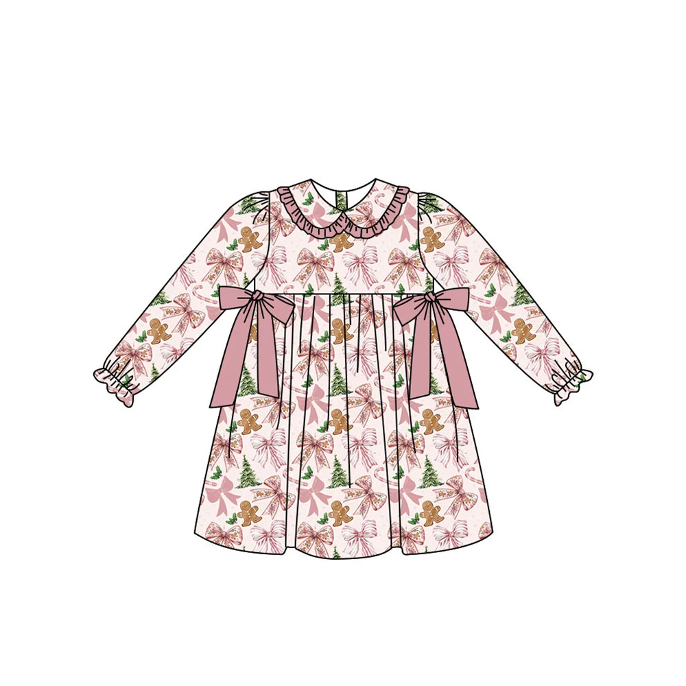 Christmas Toddler Girl Dress Romper Set Gingerbread Man Bow Print Long Sleeve Ruffle Outfit Boutique Clothes for Baby Girls