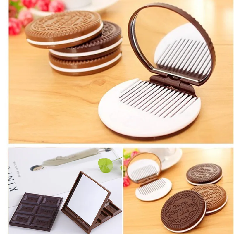 CX02 Recién llegados herramienta de maquillaje para mujer espejo de bolsillo espejo de maquillaje Mini marrón oscuro lindo Chocolate en forma de galleta con peine