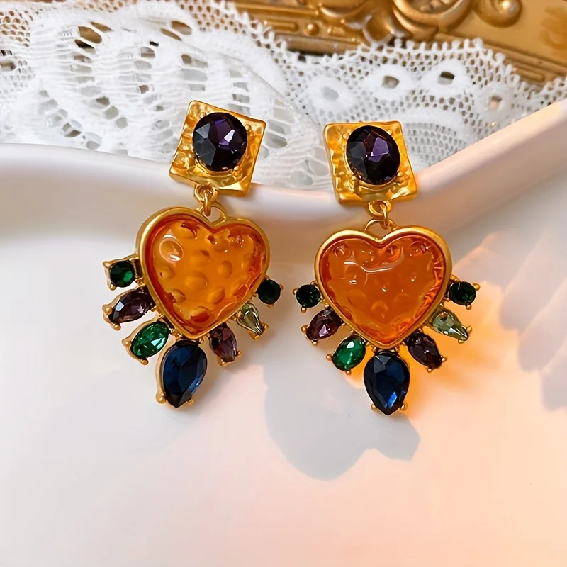 Vintage Exaggerated Exquisite Big Heart Glass Multi Color Crystal Stone Drop Earring Women Fashion Jewelry Accessories