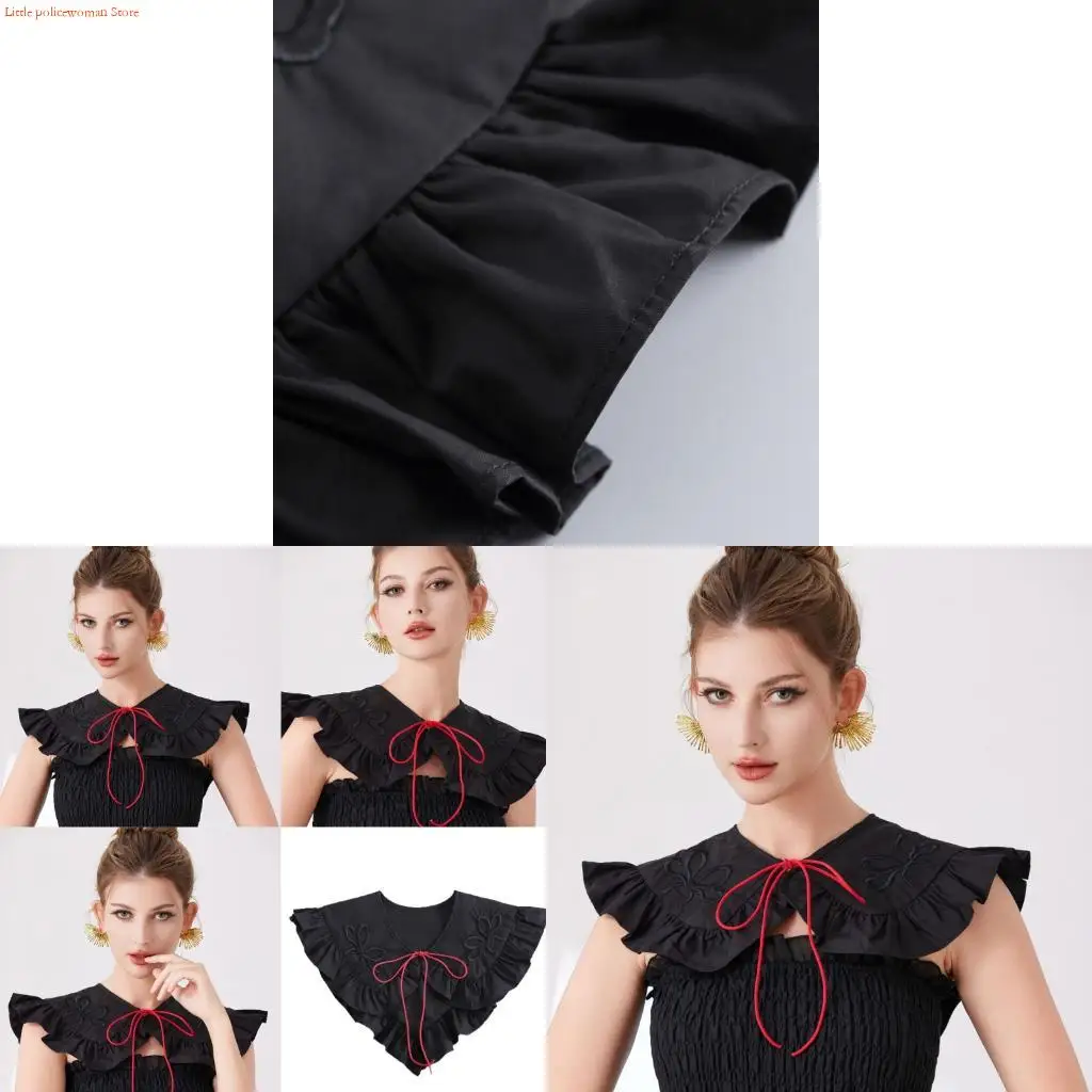 F92D Ruffle Trim False Collar with Embroidery Bowknot Choker Collar for Evening Party