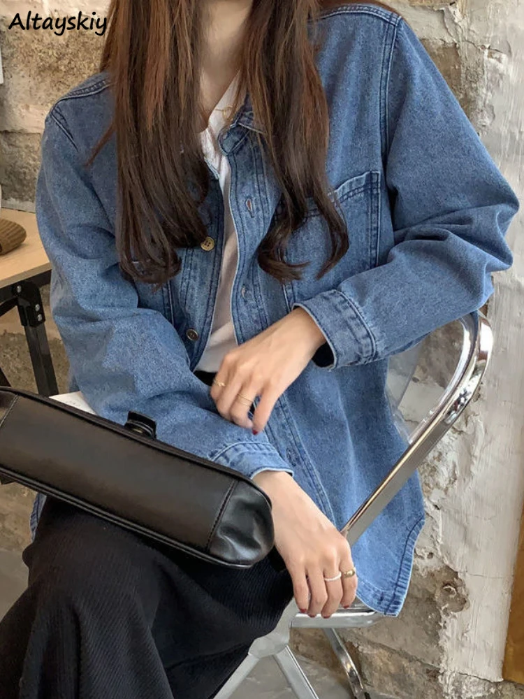 

Blue Denim Coat Women Long Sleeve Loose Fit Design Spring Korean Style All-match Fashion Unique Streetwear Chic Female Casual