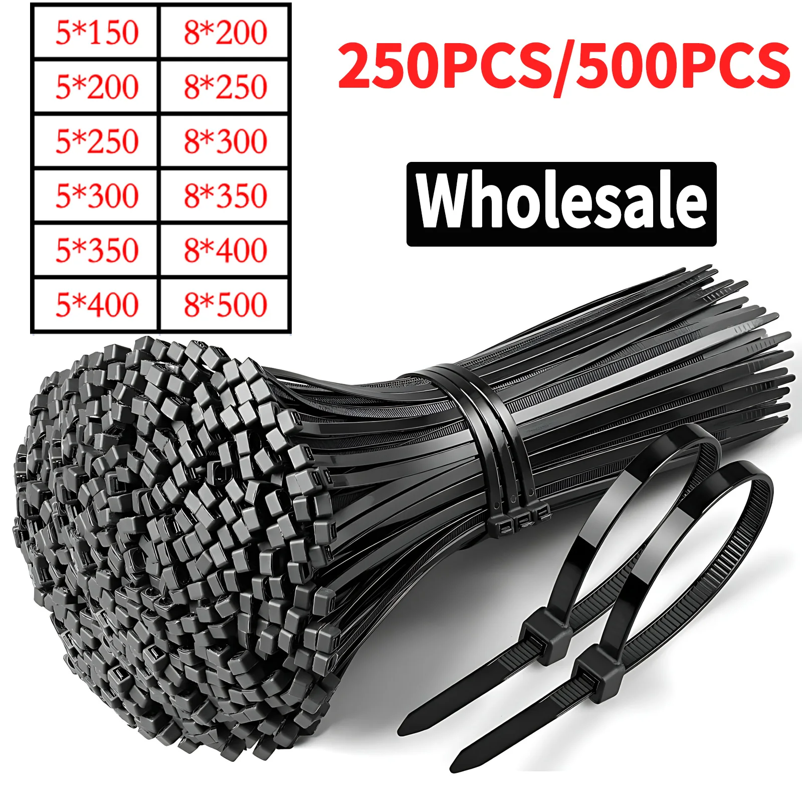 Bulk Pack Heavy Duty Self-Locking Nylon Cable Ties 5x200 5x500mm Black Weatherproof Zip Ties for Electrical Industrial Home Use