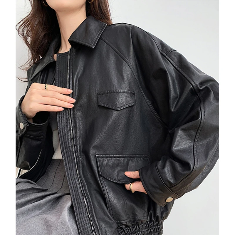 女性のシープスキンコート秋冬女性メイラードカラージッパーポケットルーズショートリアルレザーボンバージャケットジャッケンダム