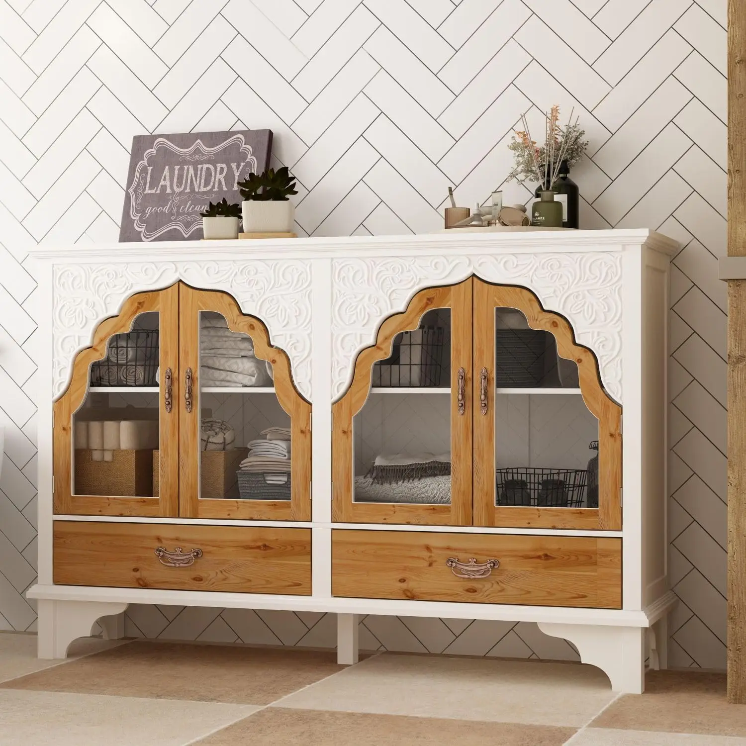 Decorative Storage Cabinet with 4 Glass Doors and 2 Drawers, Wide Storage Cabinet with Shelves, Wooden Legs