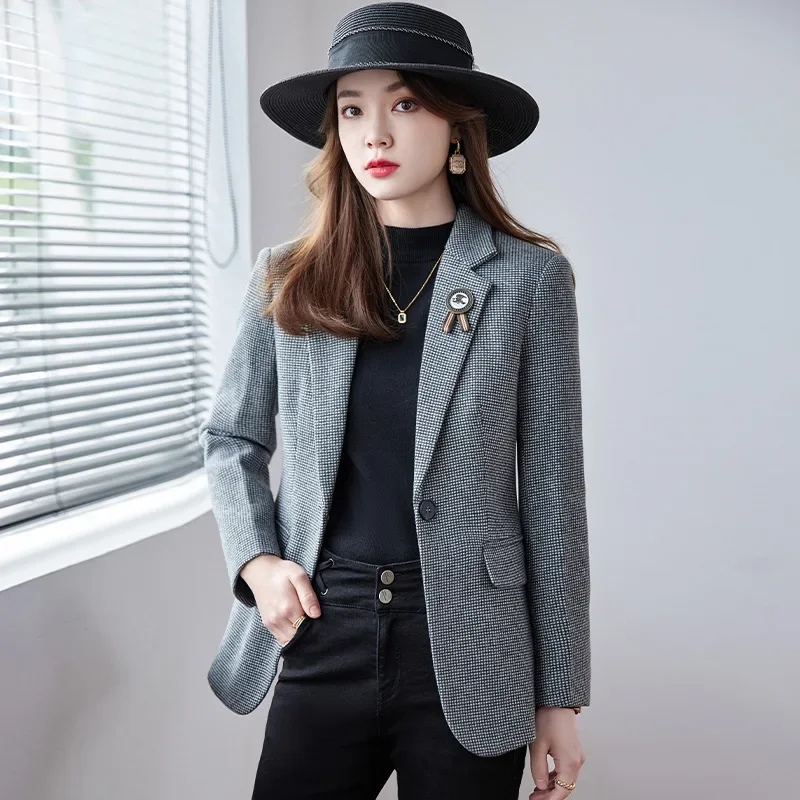 High quality blazer for women plaid jacket wool blend single breasted spring 2024 elegant fashion clothes - grey brown