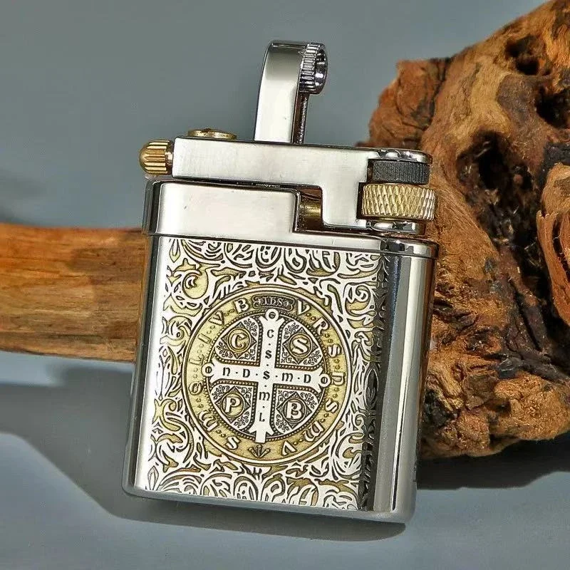 CHIEF Vintage Windproof Flint Lighter, White Copper Deep Engraved Constantine Pattern, Men Gift for friend