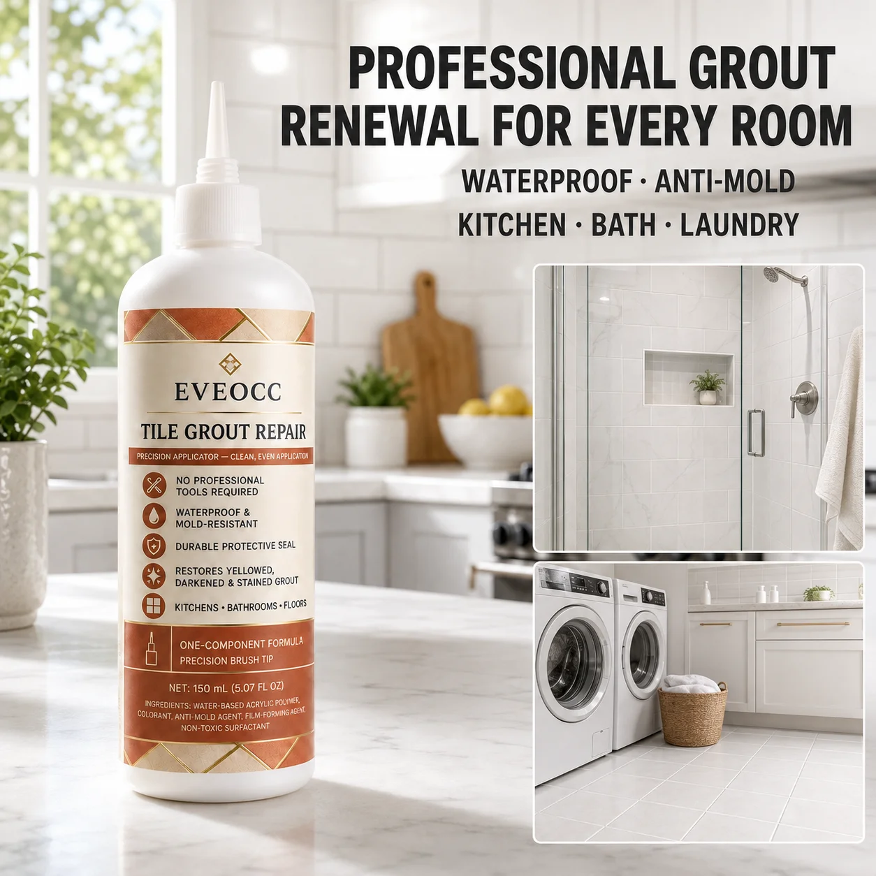 Tile Grout Repair Cream with Precision Brush Tip, Restore Yellowed Darkened Stained Tile Joints, Anti‑Mold Sealant