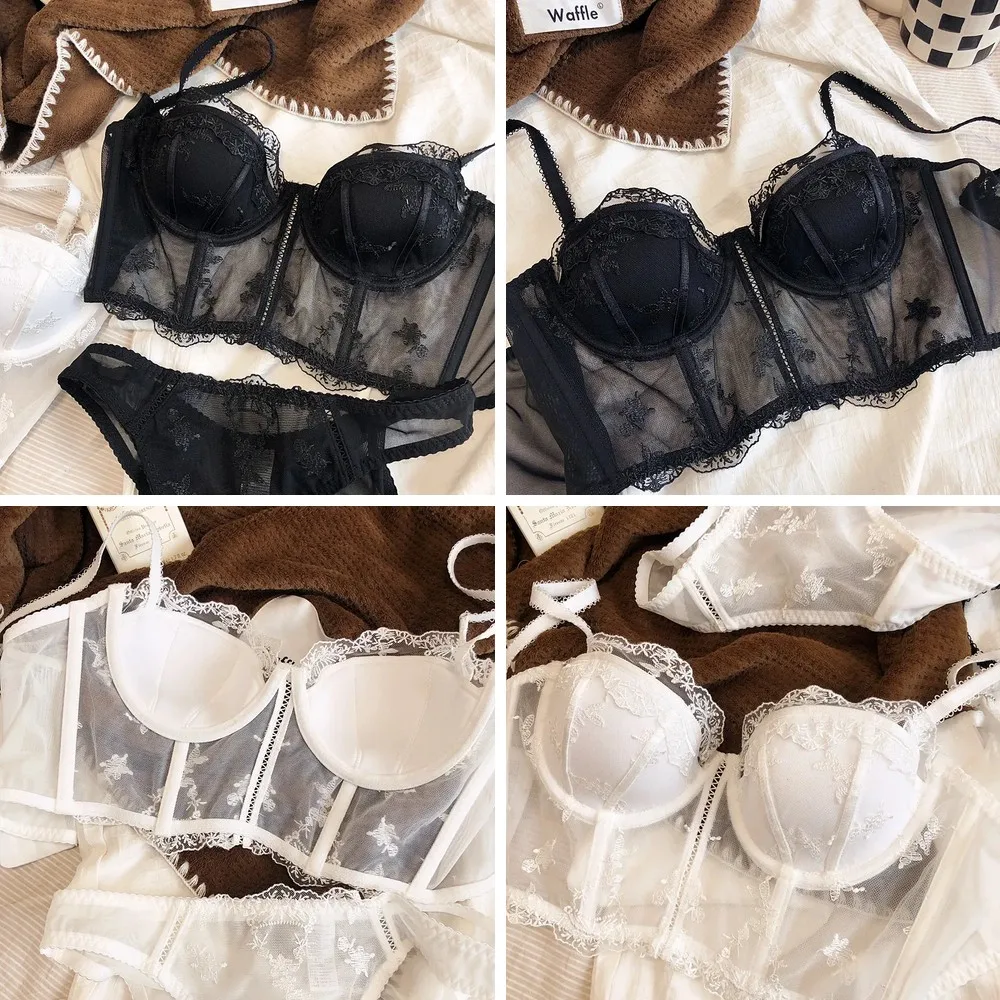

Retro Half Cup Embroidered Lace Bra & Panty Set, Push Up Sexy Body Sculpting Lingerie