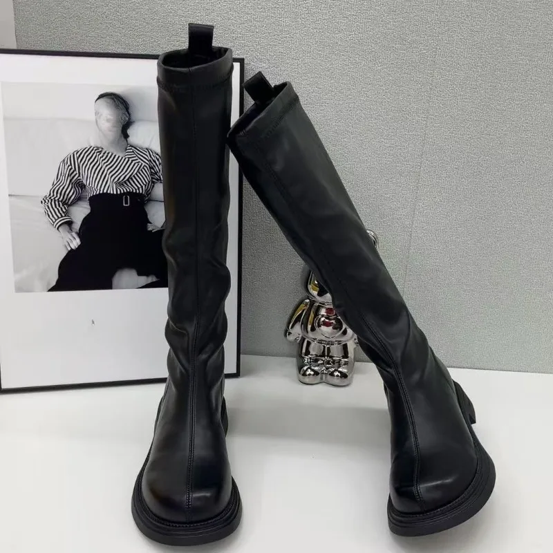 Versatile Spliced Leather Shoes Autumn and Winter New Round Head Shows Thin Soft Sole Non-slip Block Heel High Boots