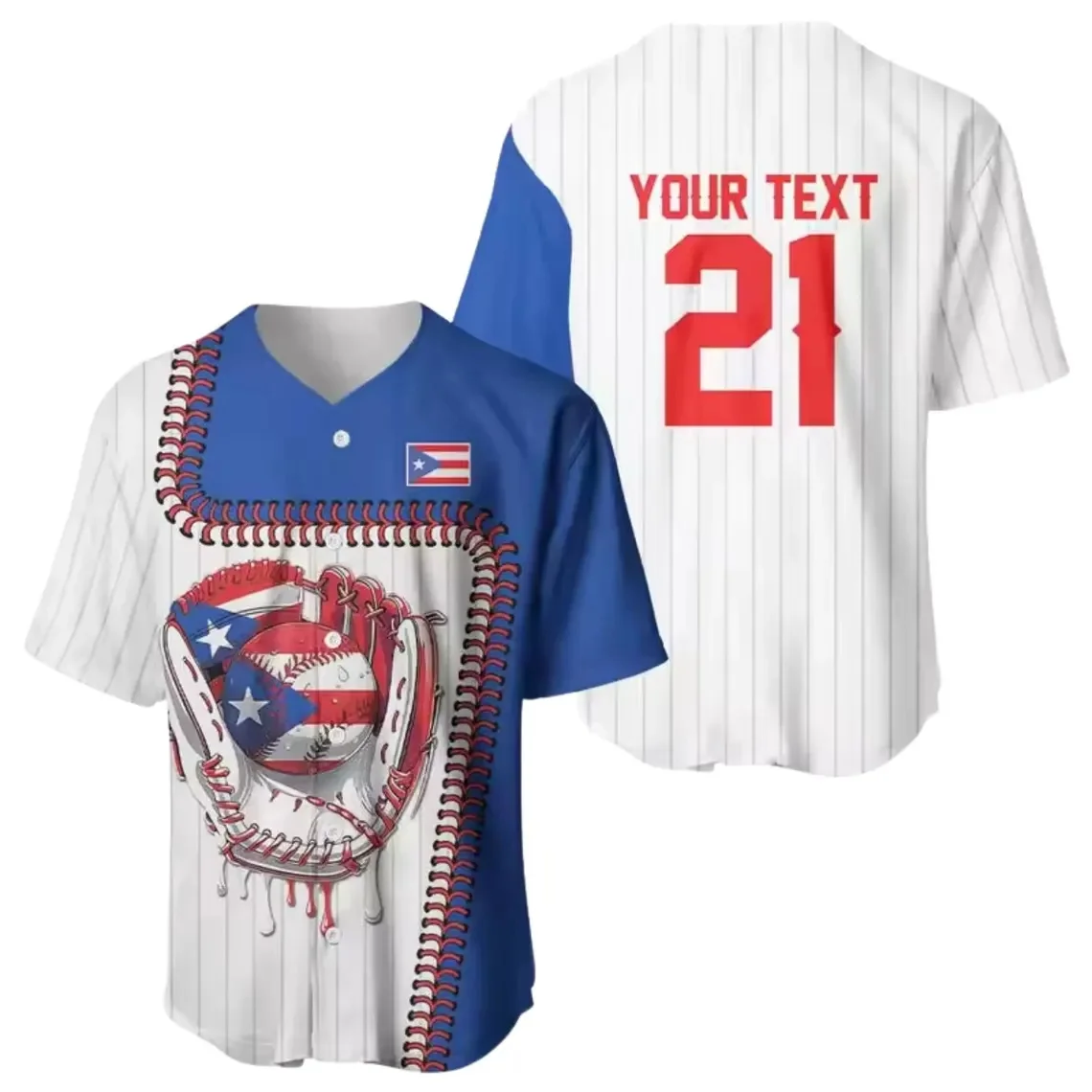 Puerto Rico Baseball Jersey, Personalized Name Number Shirt, Puerto Rican Flag Pinstripe Button Up Sports Fan Gift for Men Women