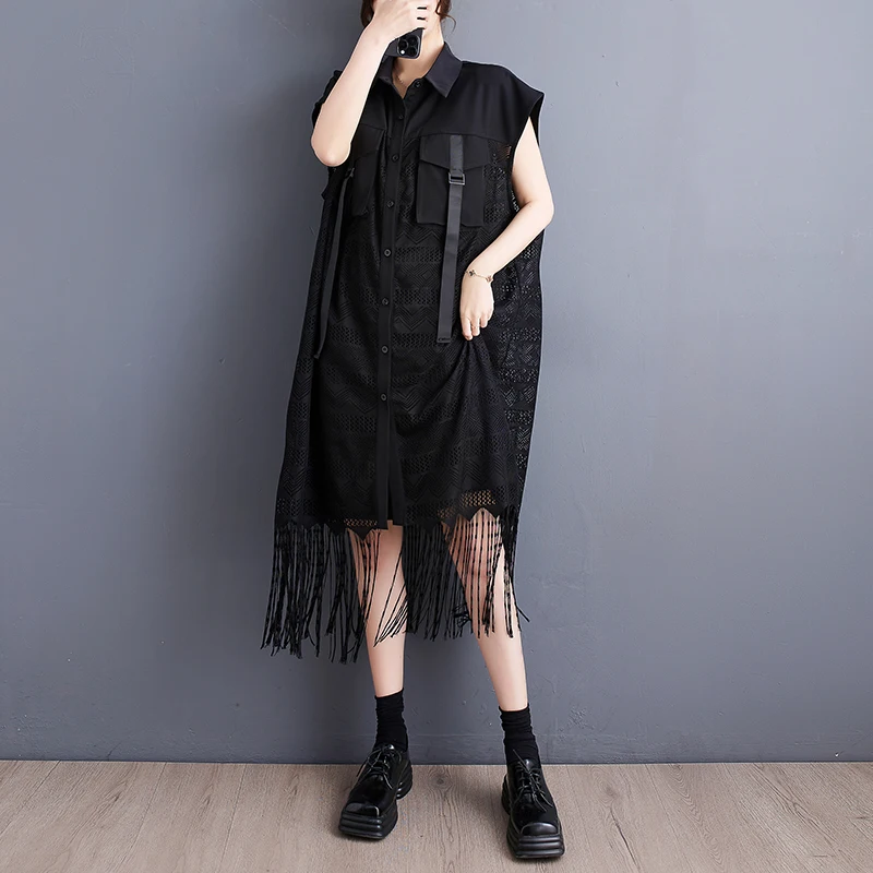 Hong Kong Sle dentelle irt Dr Color Blo Me épissure ort Sve jupe longue fermeture à bouton unique trajet taille ample De...