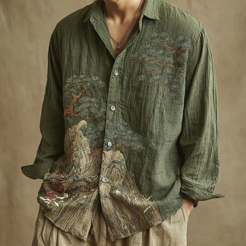 Chinese Style Bamboo Splicing Men's Shirt Military Green Contrasting Color Lapel Long Sleeved Retro Casual Shirt