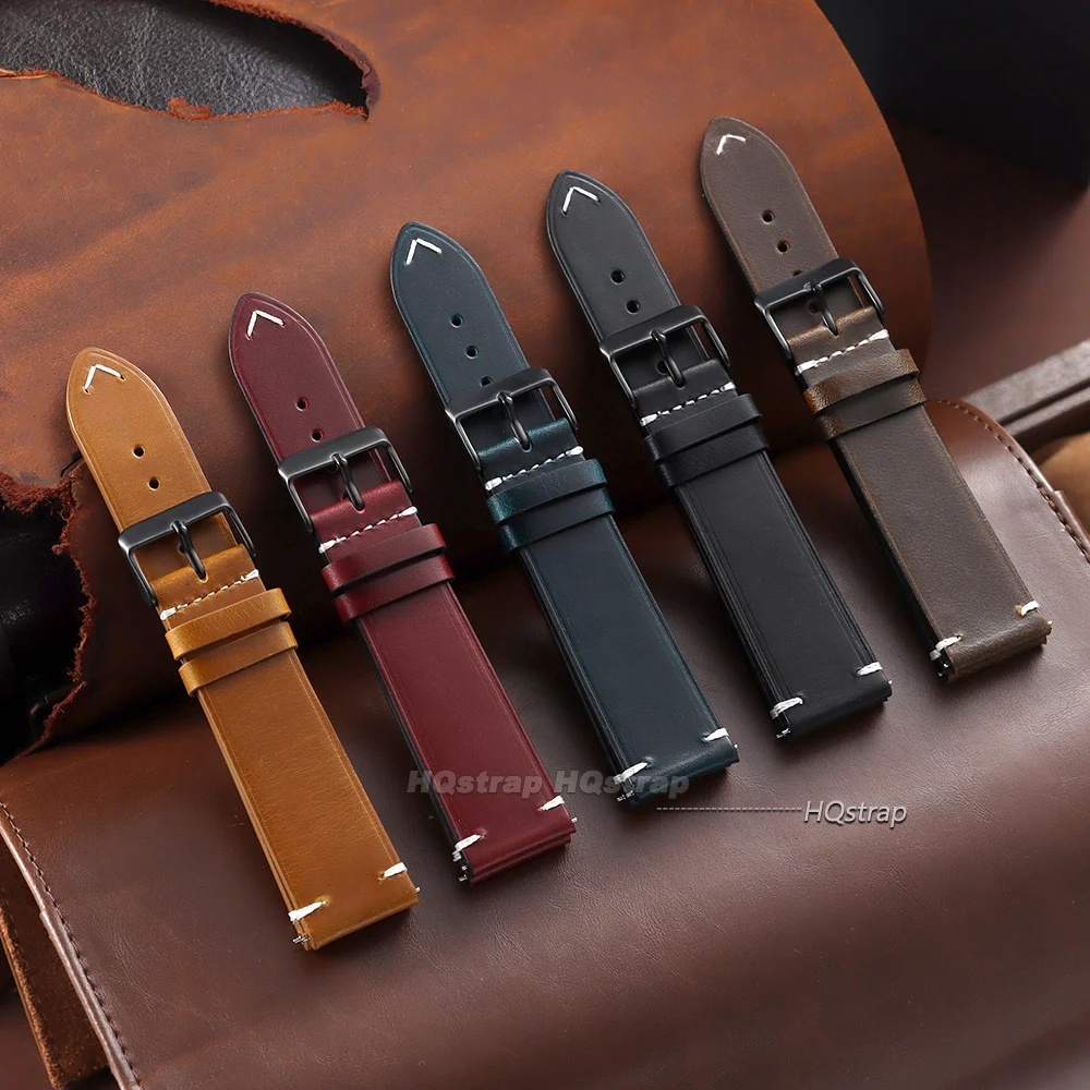 Vintage Oil Wax Leather Watchbands Black Brown Cowhide Watch Strap for Galaxy Wrist Band 18 20 22 24mm Quick Release Bracelet