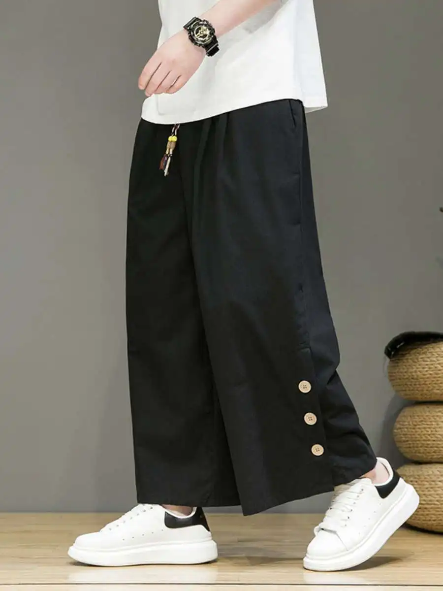 

New Men's Linen Casual Pants Summer Loose Harem Pants Tang Costume Cotton Linen Loose Straight Leg Trousers Comfortable Fit