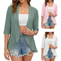 Cardigan évidé à manches trois quarts pour femmes, chemise de plage, vêtements de protection solaire, document solide, Boho, printemps, été, 2023