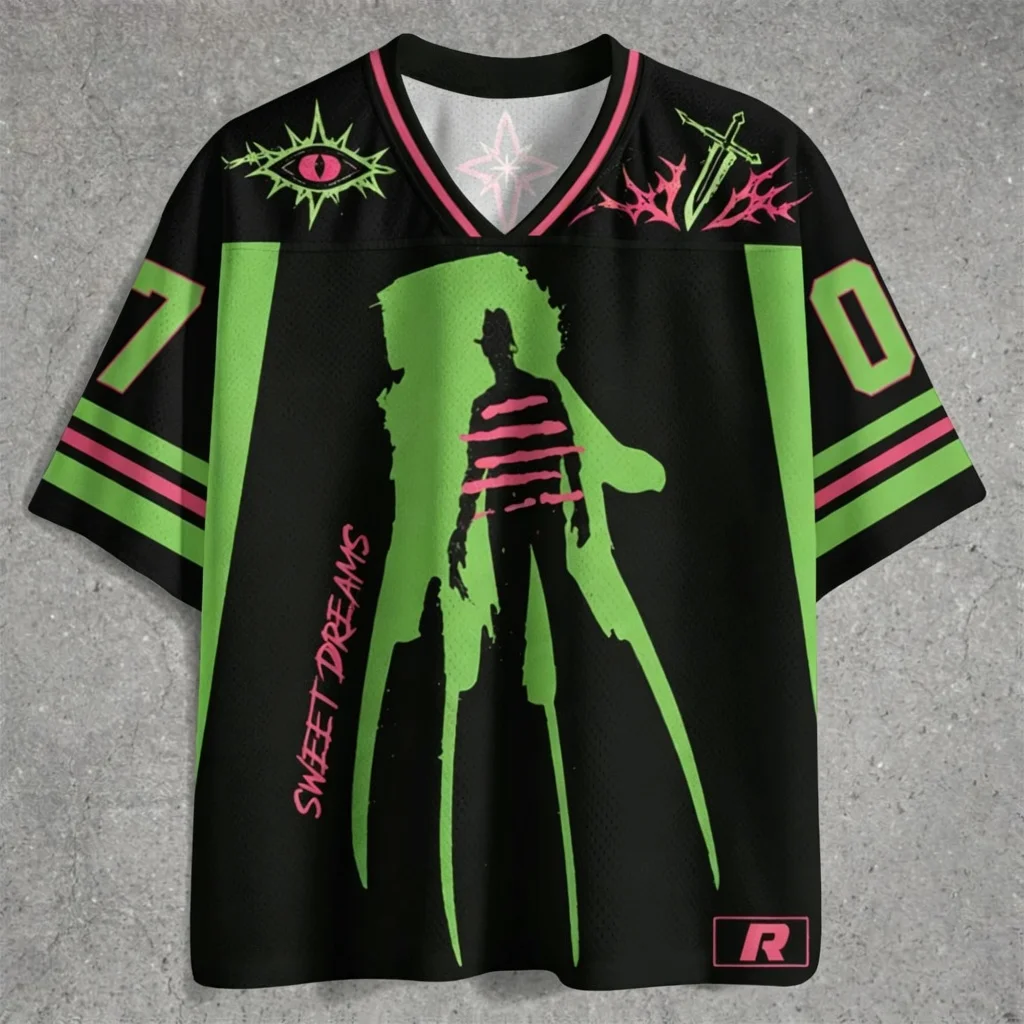 2026 Nightmare Horror Character Graphic Jersey Shirt Unisex Loose Black Green Mesh Short Sleeve Retro Streetwear Top