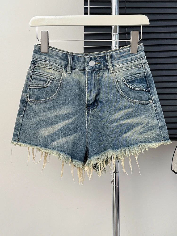 American Retro Tie Dyed Raw Edge Denim Shorts for Women's Summer High Waist Slim Fit A-line Shorts Versatile Wide Leg Hotpants