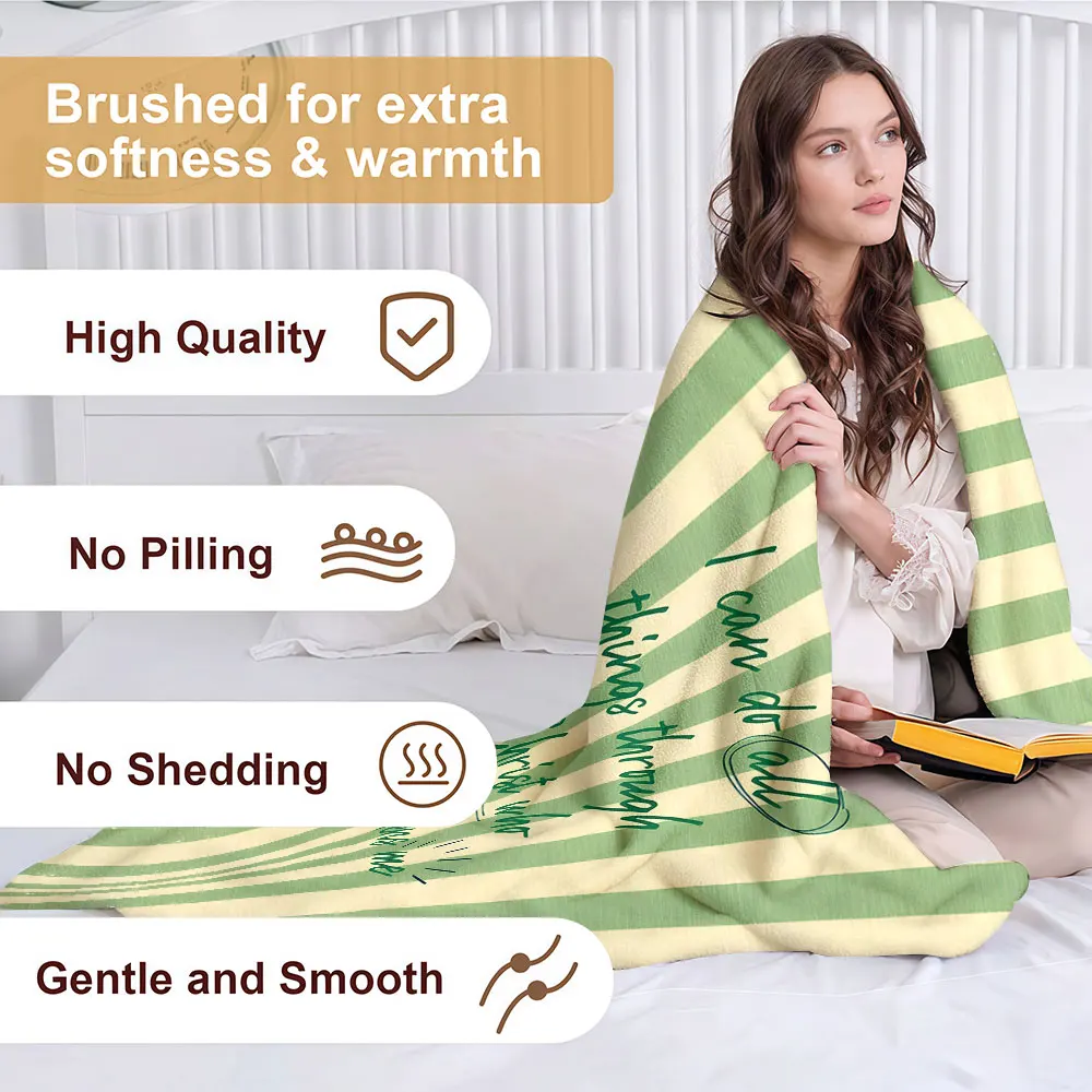 Green Cream Stripe Bible Verse Soft Warm Flannel Blanket Lightweight Cozy Christmas Halloween Home Decor Room