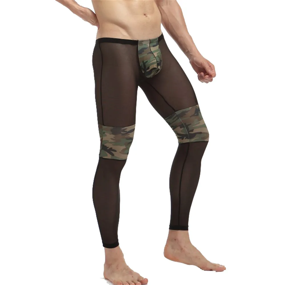 Mens Sexy Mesh Camo Long Johns Ultra-Thin Sheer Leggings Underwear Low Rise Sleep Bottoms Home Ropa Interior Hombre Pajama Pants