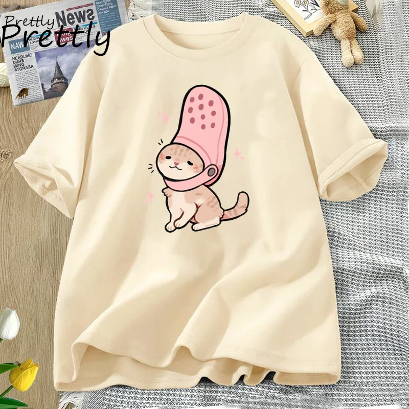 Jibbitz Cat Funny Graphic T Shirts Cute Cat Tshirt Women Casual Short Sleeve Round Neck Tee Unisex Cotton T Shirt Woman Clothing