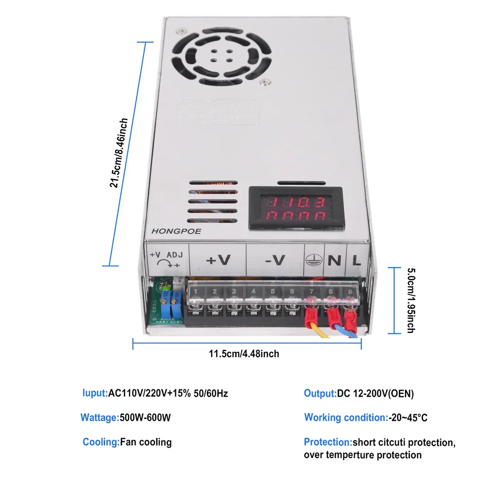 Digital Display Adjustable 500W  Power Supply 0-12V 15V 24V 27V 30V 36V 48V 60V 68V 72V 85V 90V 100V 110V 150V 200V Ac To Dc