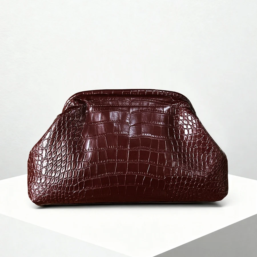 Vintage Artificial Leather Alligator Pattern Clutch Burgundy Cloud Bag Formal Dresses for Women Large Capacity Women Clip Purse