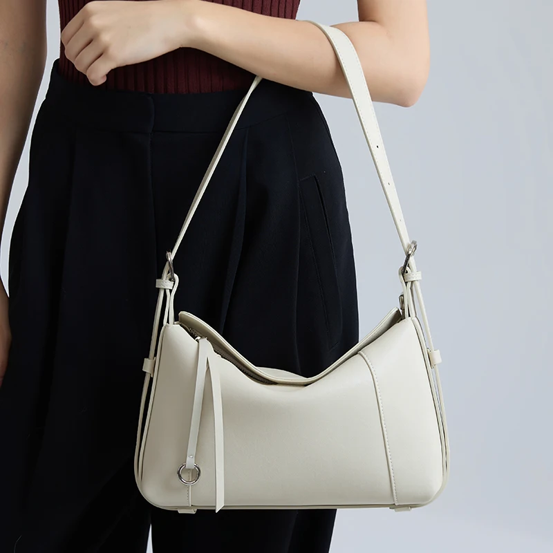 Women's Genuine Cowhide Leather Curved Hobo Shoulder Bag Luxury Designer Smooth Leather Adjustable Strap Flap Underarm Handbag