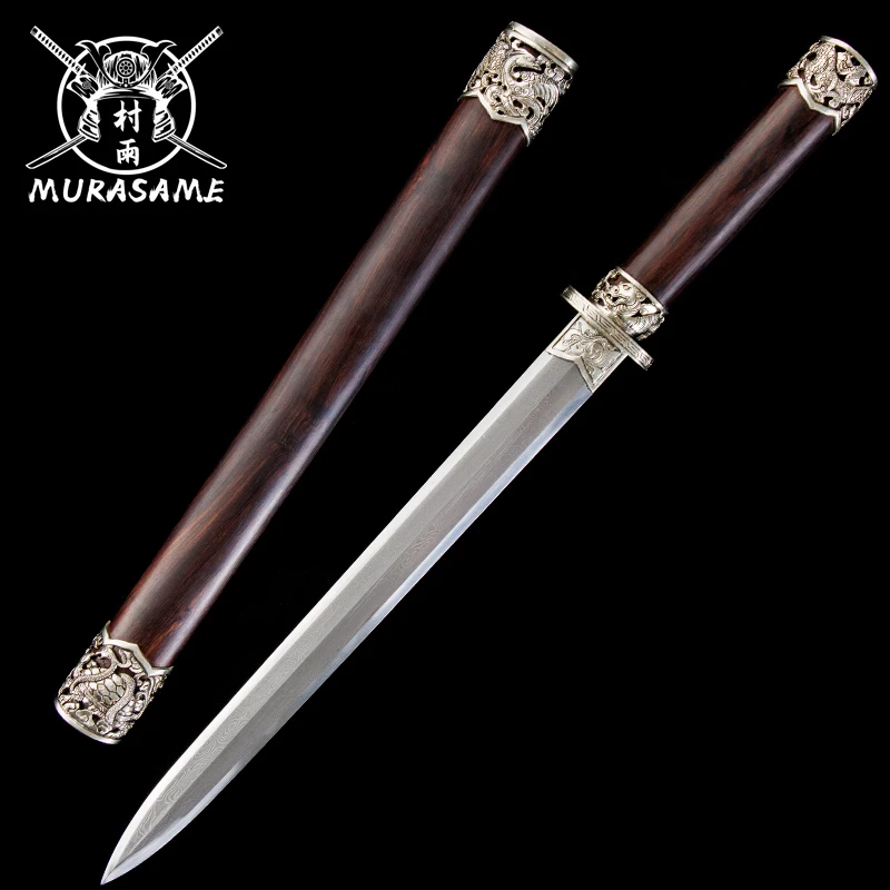 Short Han Jian Folded Steel Blade Clay Tempered Ebony Wood Saya Ornate Dragon Fittings Collectible Martial Arts Decorative Sword