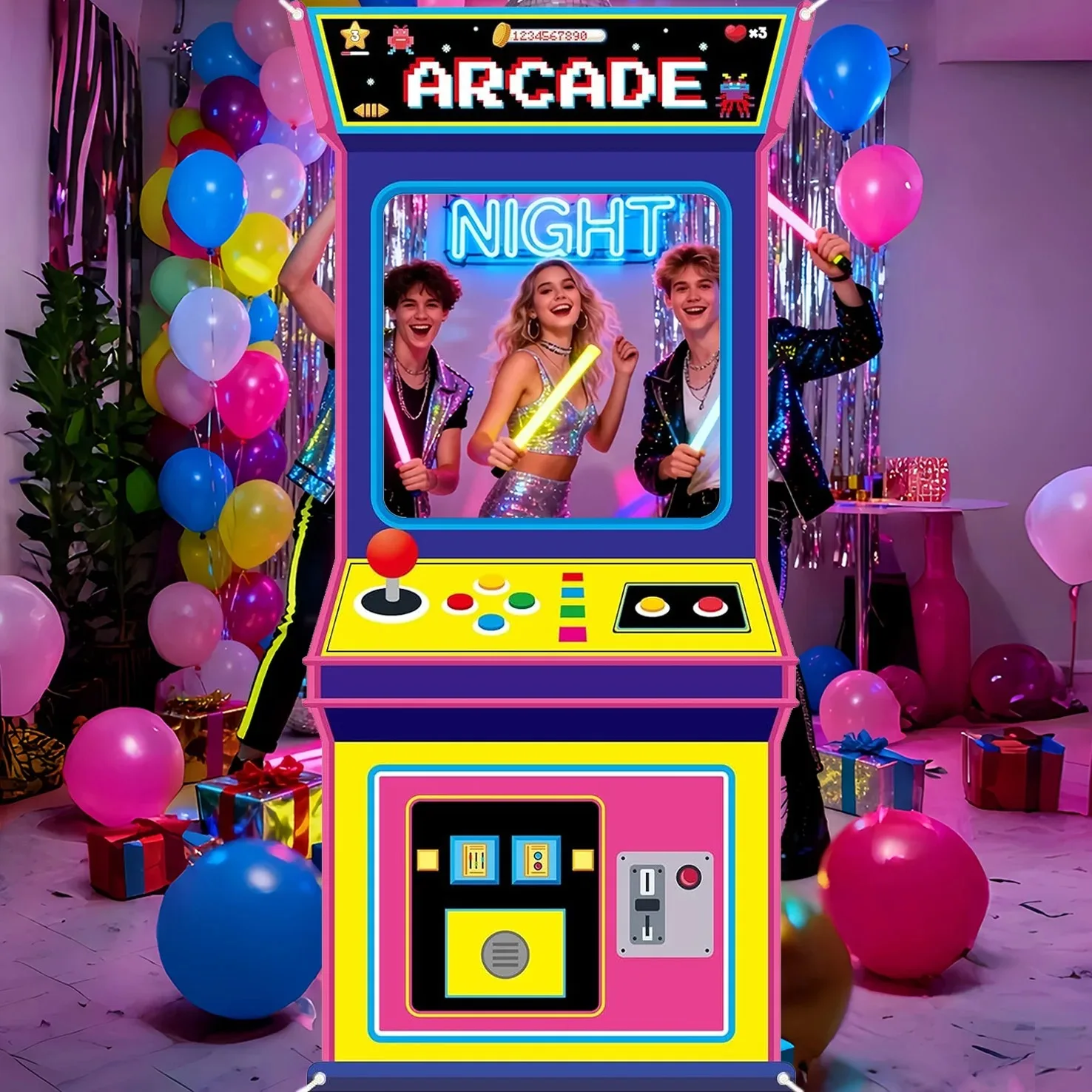 Retro-Arcade-Spielautomat Fotohintergrund, 80er 90er Jahre Bunter Arcade-Kabinett-Selfie-Rahmen für Videospiel-Themenparty-Dekoration – Detail 5