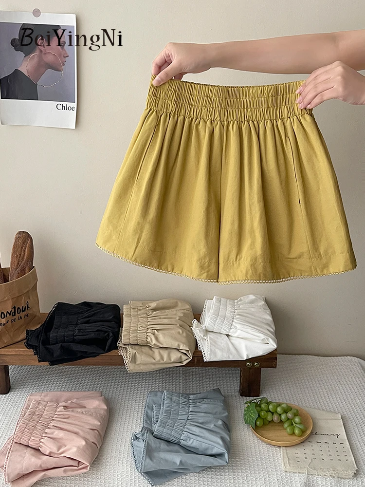 

Beiyingni Women's Elastic Waist Shorts Casual Korean Fashion Summer High Street Simple Wide Leg Pants Ladies Luxury Vintage Chic