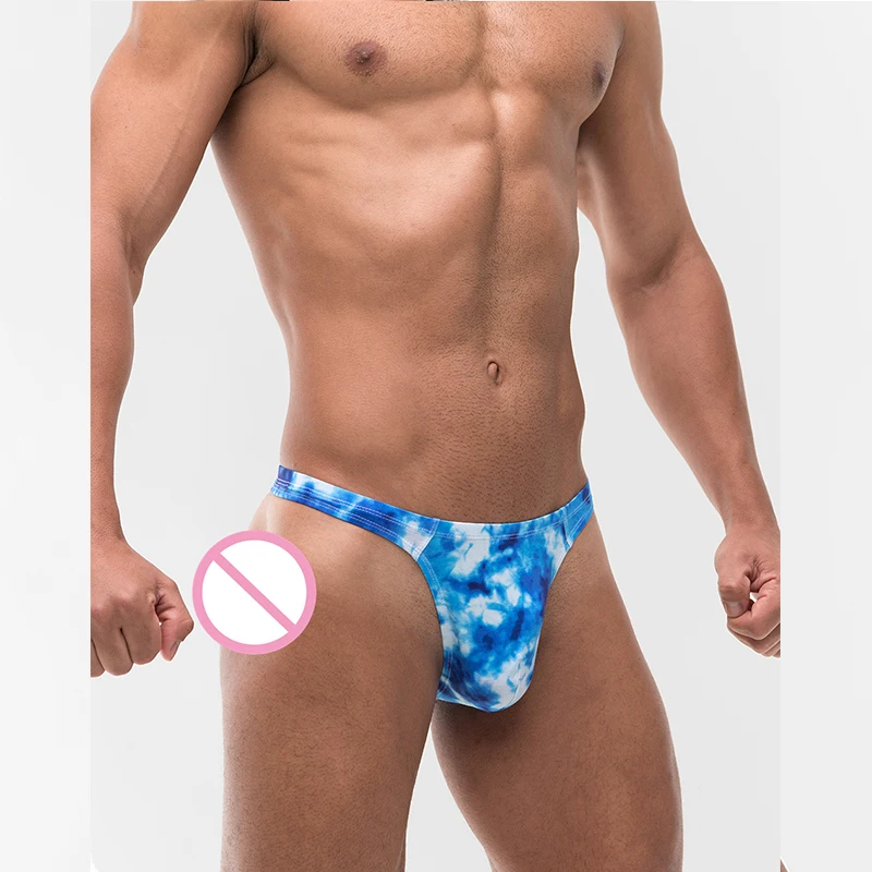 HOMOLOVER-Homens Sexy Cuecas De Biquíni, Impressão Personalizada Troncos De Natação, Tanga Azul Da Praia, Bottom Algodão Swimwear, Calcinhas, Fato