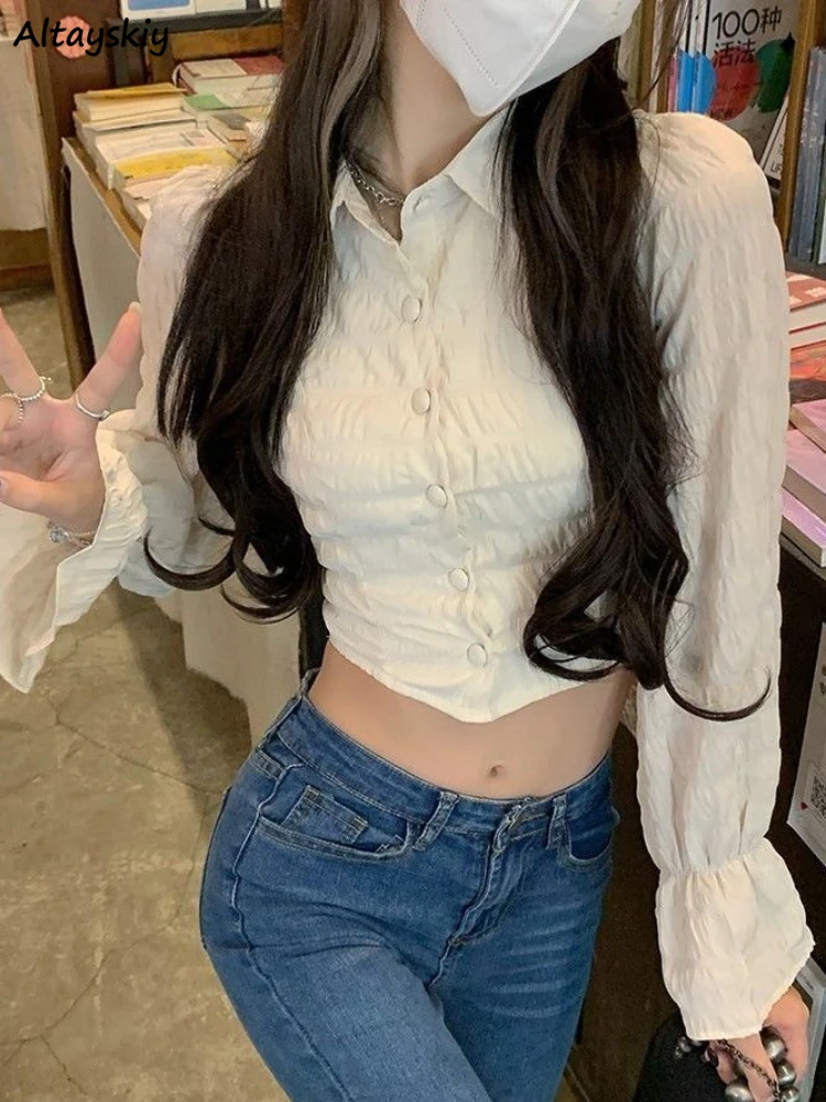 

Apricot Shirts Women Long Sleeve Crop Tops Spring Elegant Korean Style Thin Bow Breathable All-match Slim Fit Design Female New