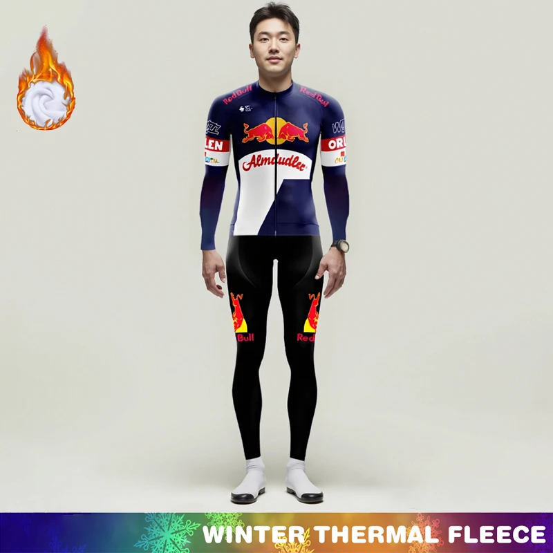 

Winter Cycling Jersey Men Thermal Fleece Bib Red Bull Jackets Clothing 2025 Long Sleeve Men's Suit Bicycles Jumper Retro Man Set