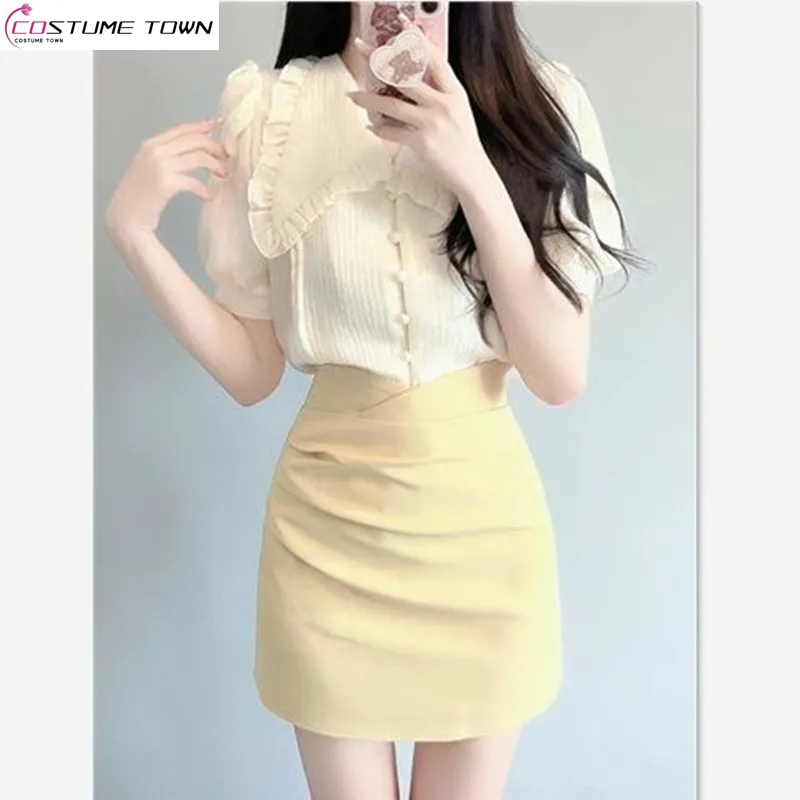 

Internet celebrity fashion 2024 summer gentle style doll neck bubble sleeve shirt high waist wrapped hip half skirt women's set