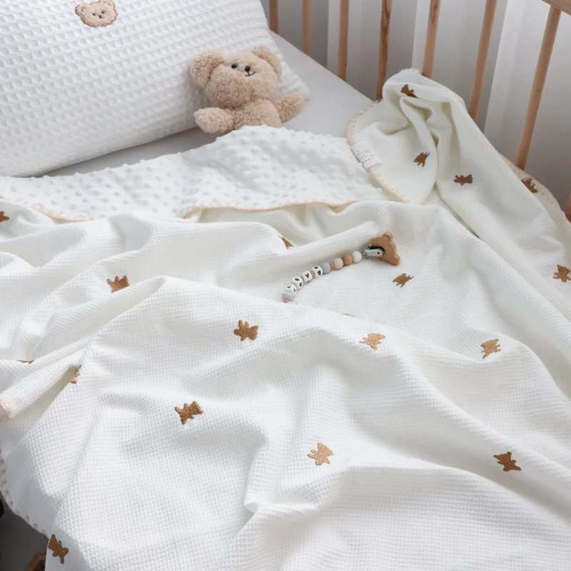 Waffle Weave Embroidered Bear Star Baby Blanket,Soft Cozy Waffle Textured Baby Swaddle,Cotton Knitted Kids Blanket,Newborn Wrap