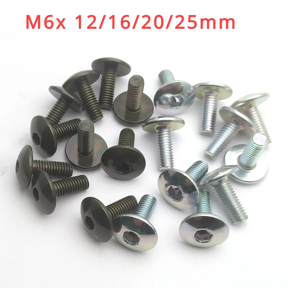 10 pçs grande cabeça redonda plana parafuso sextavado interno m6 6mm 12/16/20/25mm comprimento para motocicleta scooter atv ciclomotor plástico capa