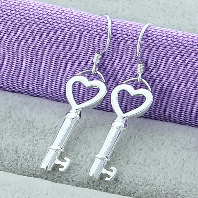 

925 Sterling Silver Heart Key Drop Earrings For Woman Wedding Engagement Fashion Party Charm Jewelry