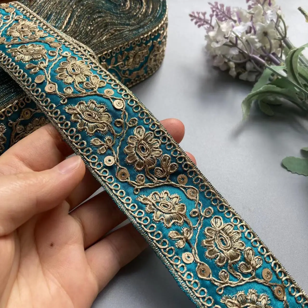 1 Yards Light blue Ethnic Clothing Lace Trim Ribbon Gold Strand Thread Embroidery Sequin Children's Hanfu Fabric Accessories New