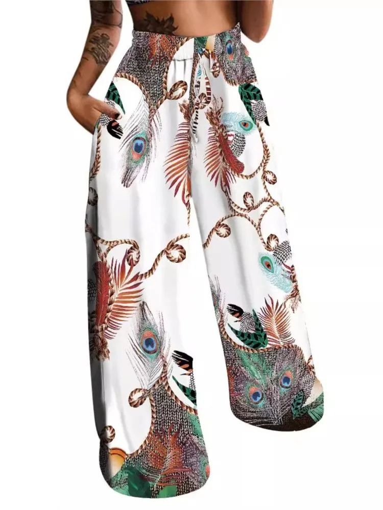 

Летние свободные широкие брюки, женские модные повседневные прямые брюки на шнуровке с принтом цилиндра, уличная женская одежда