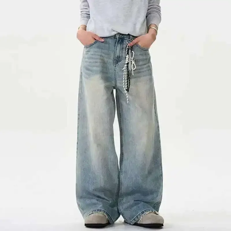 

Потертые джинсы, однотонные летние мужские брюки, свободные широкие брюки, повседневные прямые усы, мужская нижняя часть