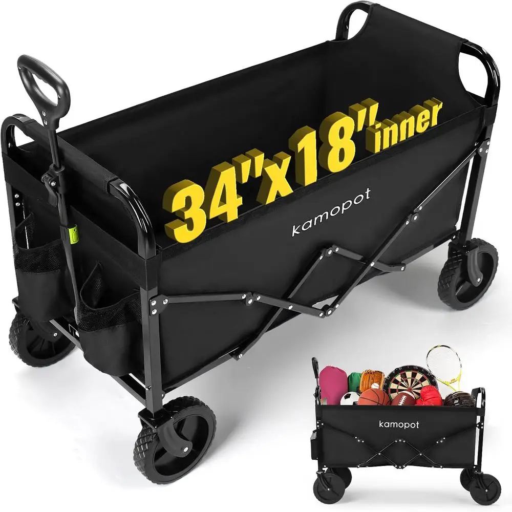 

Sturdy Collapsible Utility Wagon for Grocery Hauling, Beach & Park Use, 34 x 18 Storage, 300lb Capacity with Cupholders