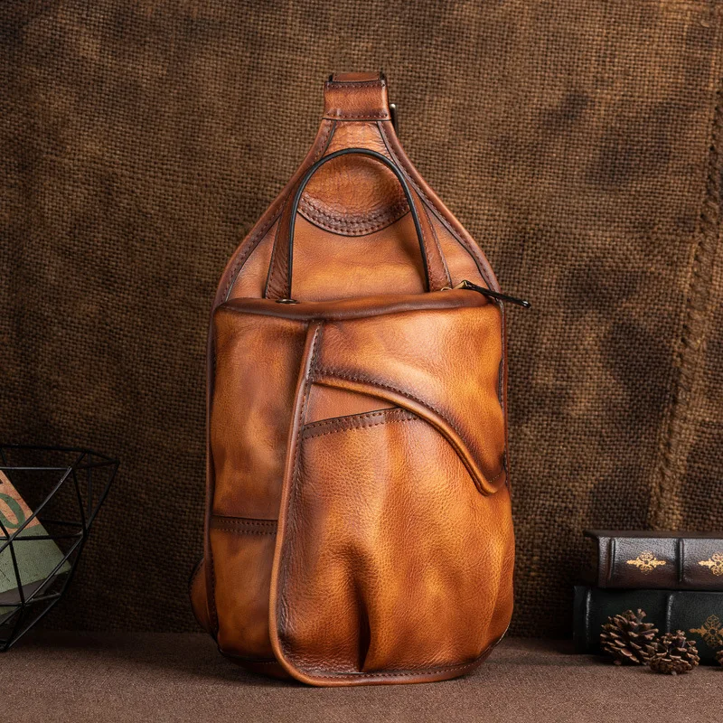 Men Genuine Leather Chest Bag Retro Men Handbag First Layer Cowhide Crossbody Bags MaleTravel Bag Pack Leisure Shoulder Bags