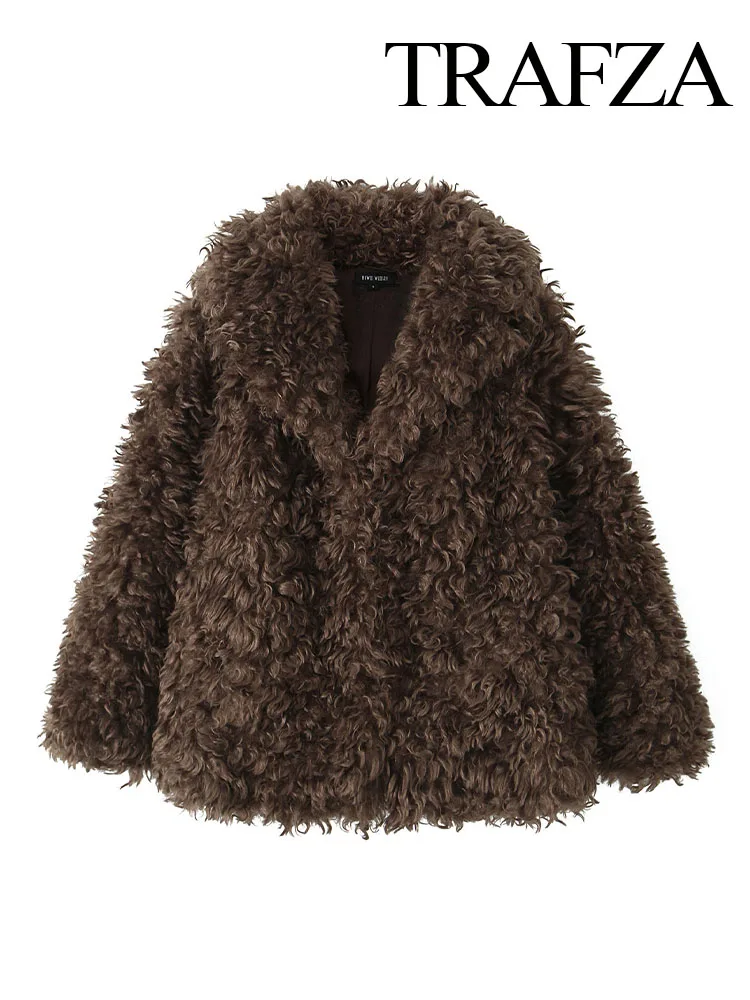 TRAFZA Women Winter Warm Faux Curly Fur Jacket Woman Fashion Slim Solid Side Pockets Lapel Long Sleeves Casual Loose Coat Mujer