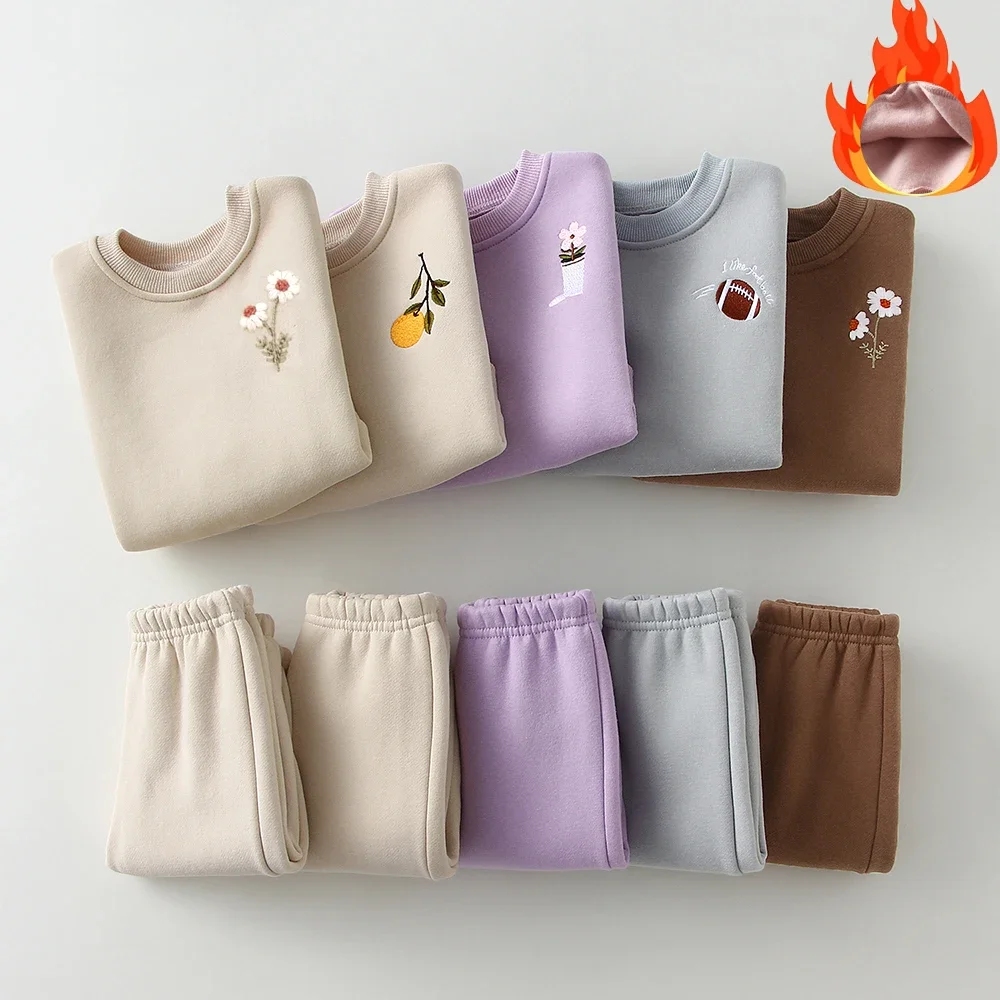 Conjunto de roupas infantis para bebês meninos e meninas de 0 a 5 anos, moletom grosso para crianças, pulôver de lã + calça, outono