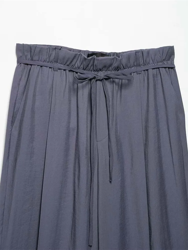 Pantalones rectos sueltos de verano para mujer, moda 20225, pantalones de calle elegantes con lazo y cordón en la cintura liso elástico para mujer