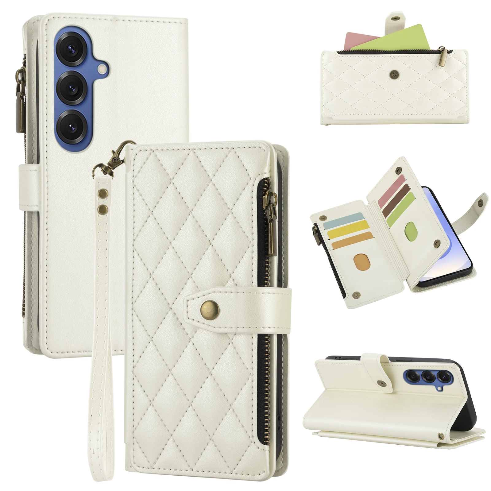 Portemonnee-stijl telefoonhoesje voor Samsung A12/A13/A14/A15/A16/A52/A26/A56 met meerdere kaartsleuven, ritsvak voor muntgeld en polsbandje, beschermhoes van kunstleer