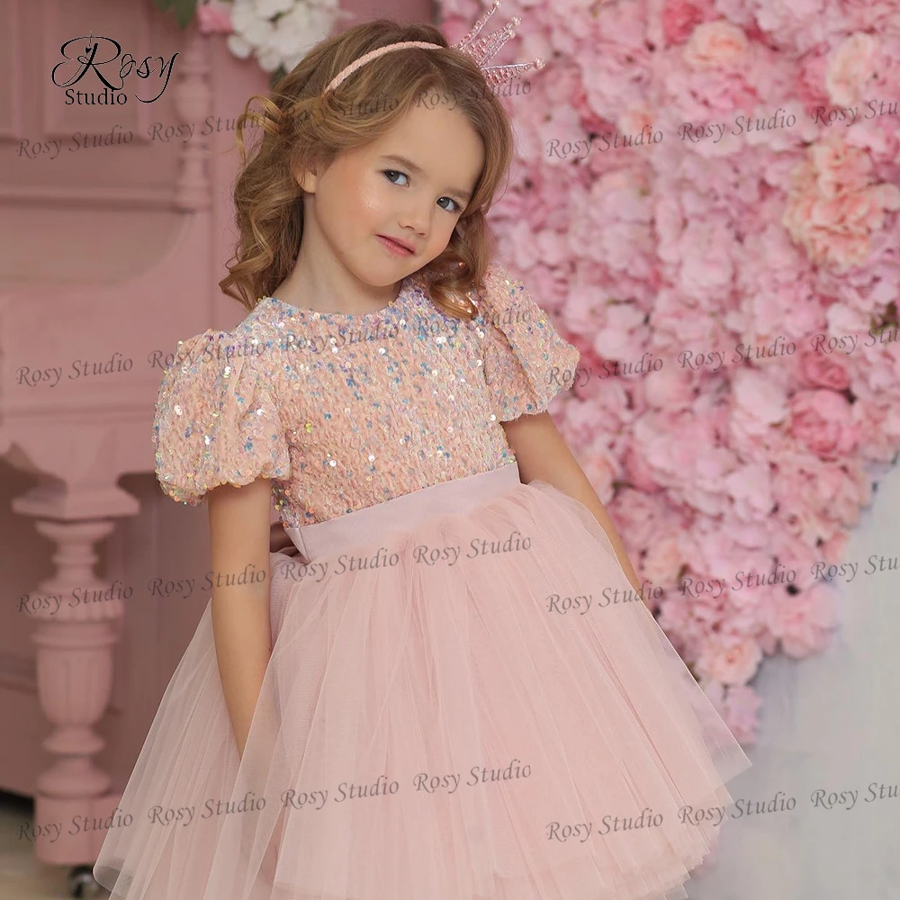 Robe trapèze en Tulle rose à fleurs pour filles, longueur aux genoux, robe de princesse à paillettes, robe courte de première Communion pour mariage