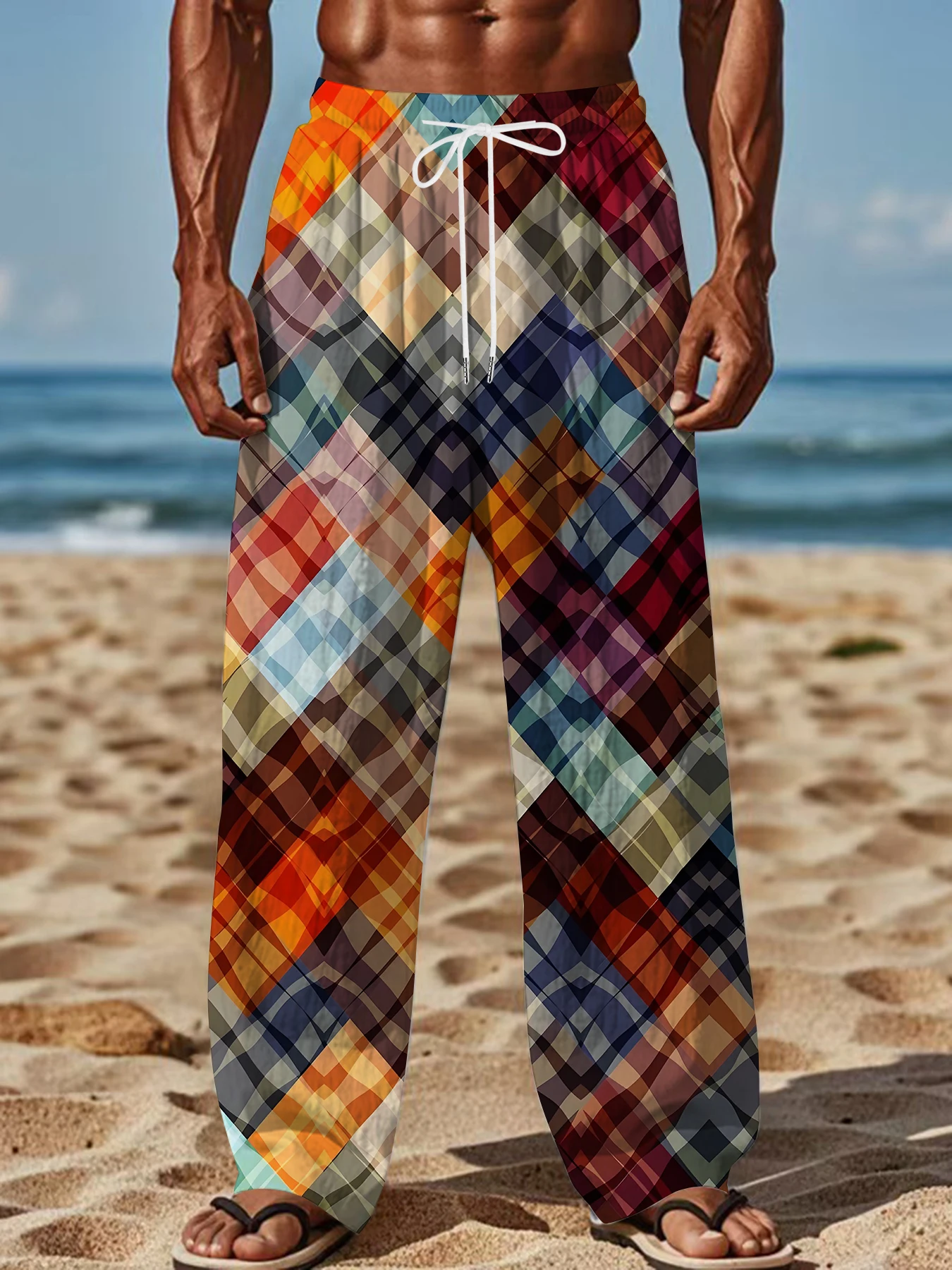 

2026 Men's Printed Straight Leg Pants Abstract Wave Design Drawstring Waist Loose Fit Summer Beach Casual Lightweight Trousers